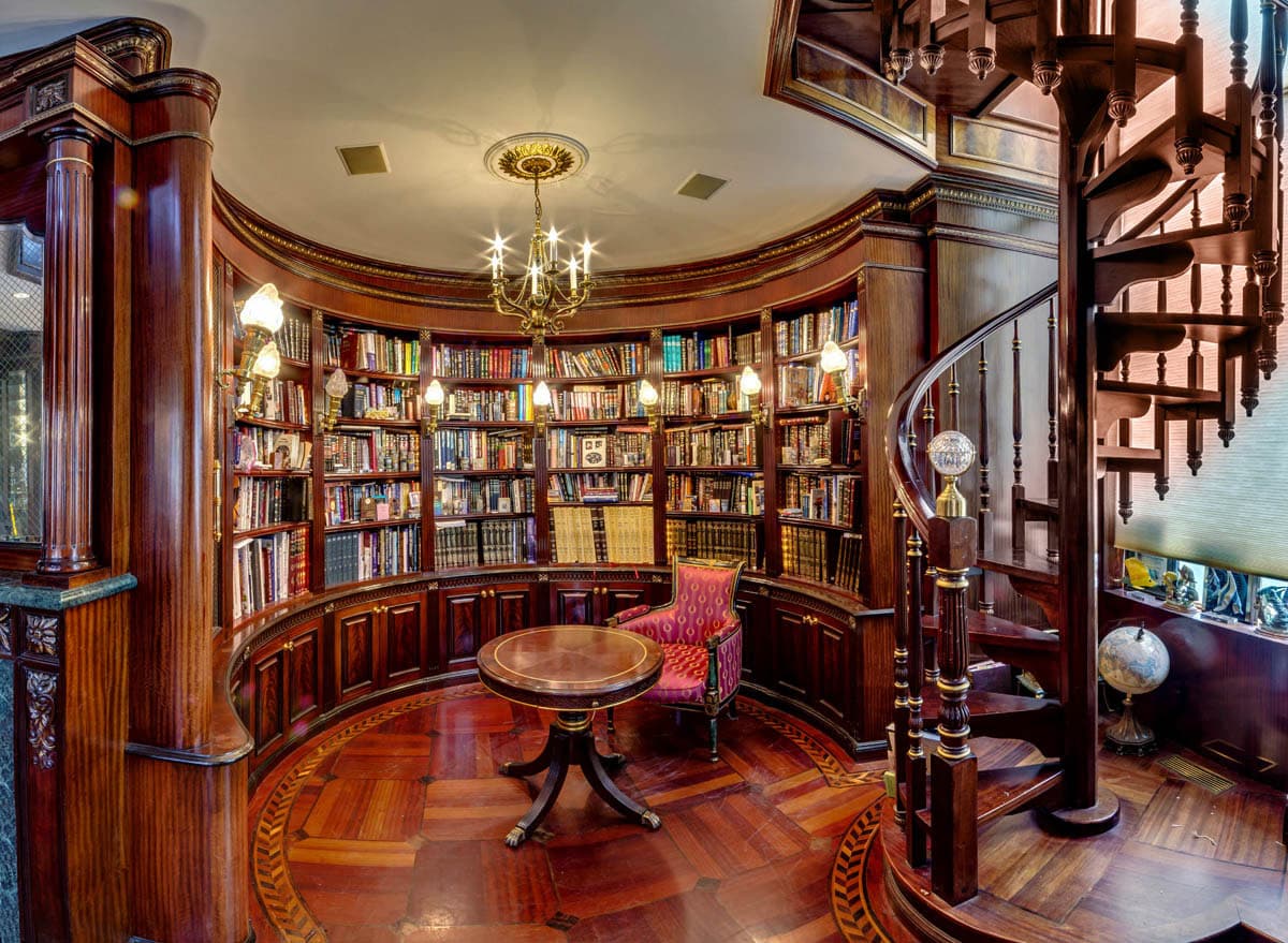 Photo of a large round home library.