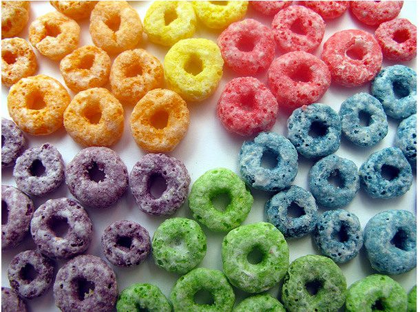 Froot loops separated by color in a color wheel.