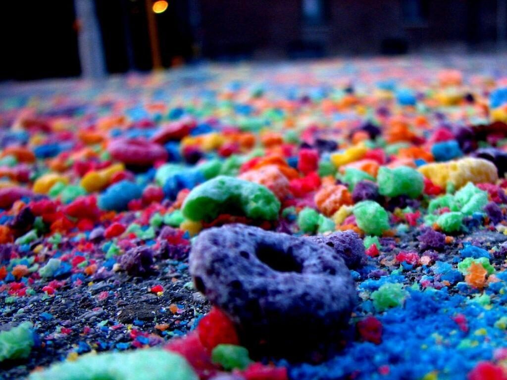 Close up of rainbow colored cereal.